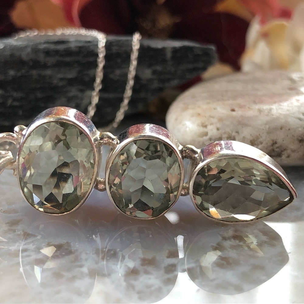 Sterling Silver Pendant Necklace with Three Green Gemstones